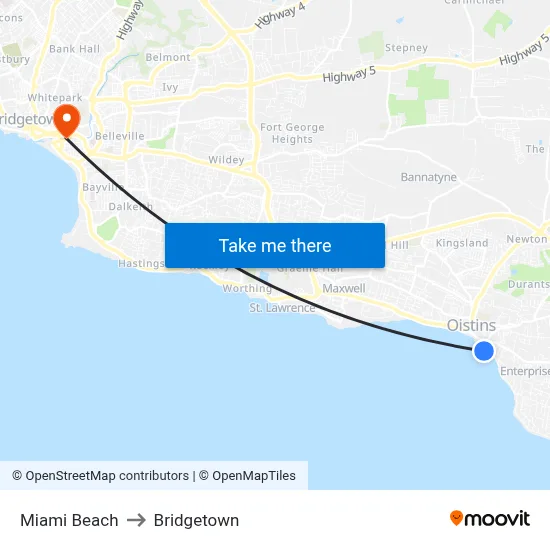 Miami Beach to Bridgetown map