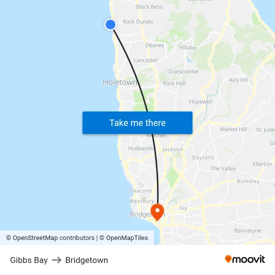 Gibbs Bay to Bridgetown map