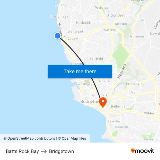 Batts Rock Bay to Bridgetown map