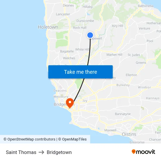 Saint Thomas to Bridgetown map