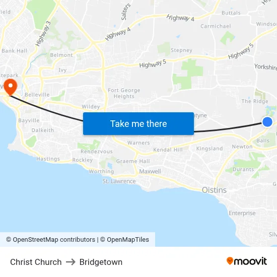 Christ Church to Bridgetown map