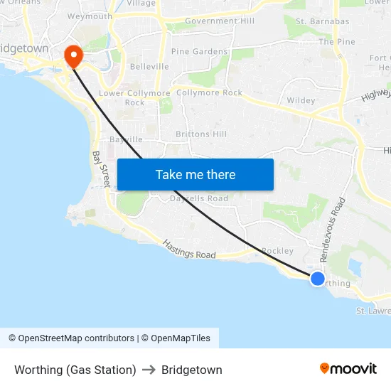 Worthing (Gas Station) to Bridgetown map