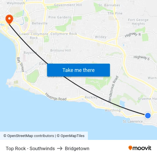 Top Rock - Southwinds to Bridgetown map