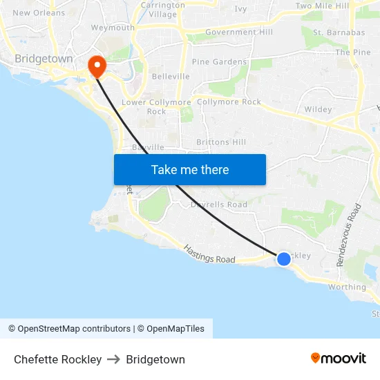 Chefette Rockley to Bridgetown map