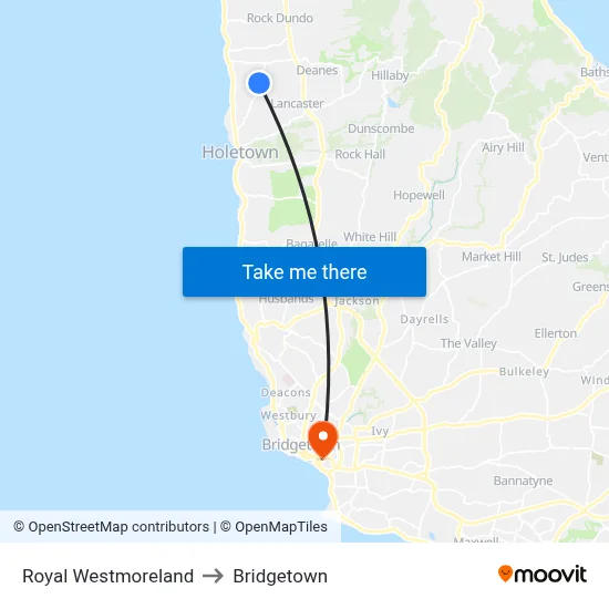 Royal Westmoreland to Bridgetown map