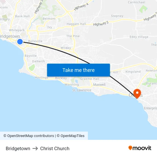 Bridgetown to Christ Church map