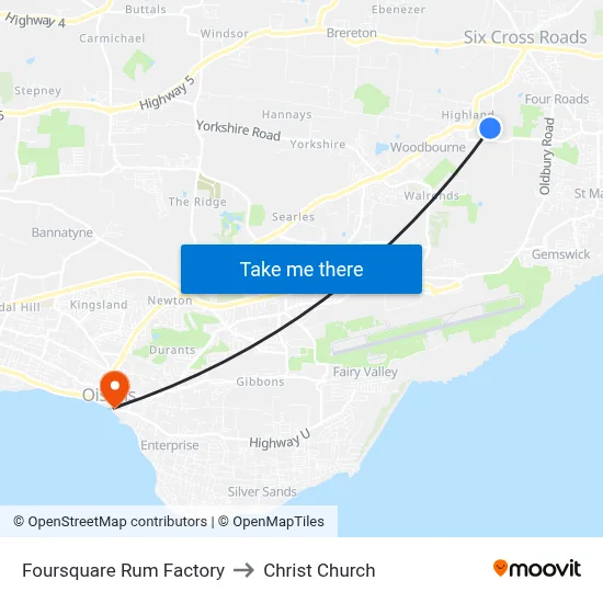 Foursquare Rum Factory to Christ Church map