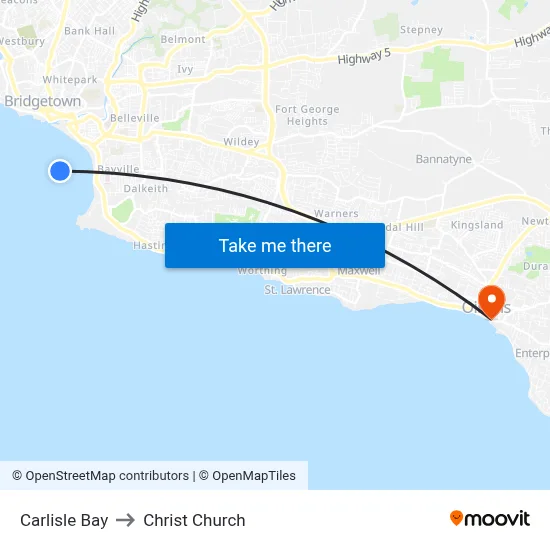 Carlisle Bay to Christ Church map