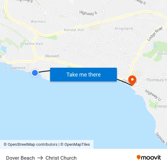 Dover Beach to Christ Church map