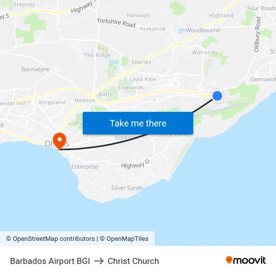 Barbados Airport BGI to Christ Church map