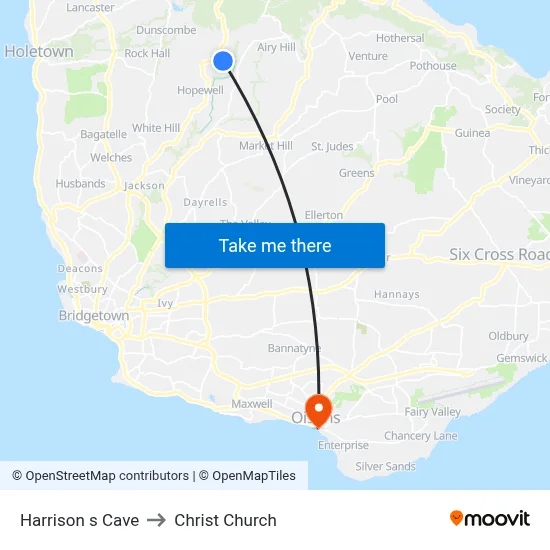 Harrison s Cave to Christ Church map