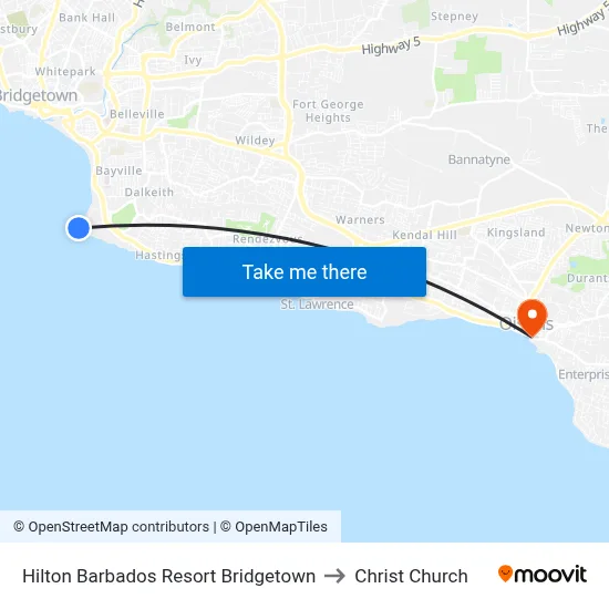 Hilton Barbados Resort Bridgetown to Christ Church map