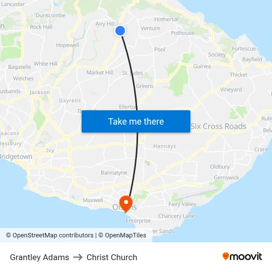 Grantley Adams to Christ Church map