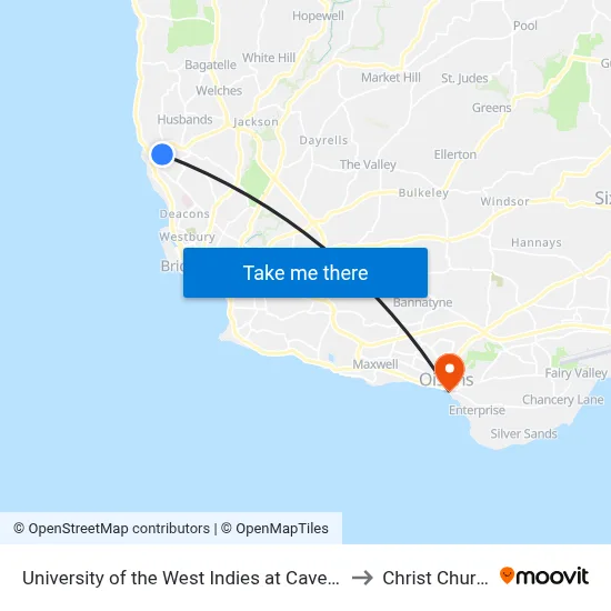 University of the West Indies at Cave Hill to Christ Church map