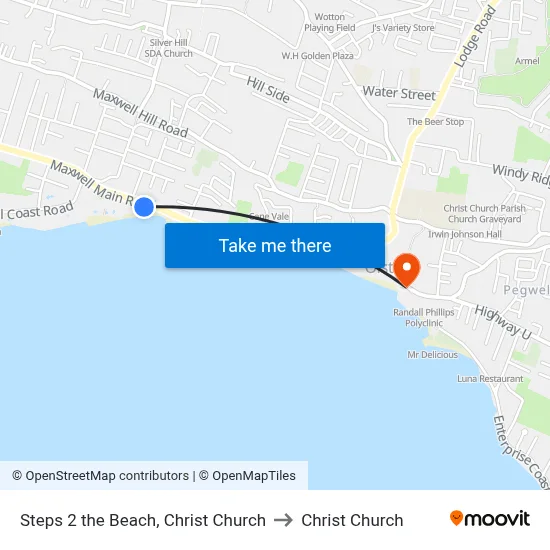 Steps 2 the Beach, Christ Church to Christ Church map