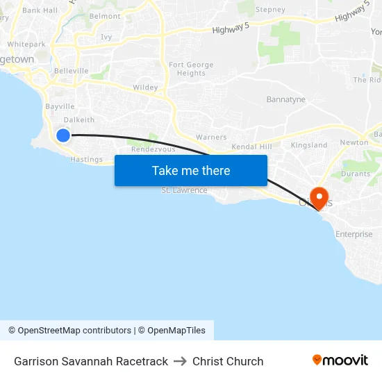 Garrison Savannah Racetrack to Christ Church map