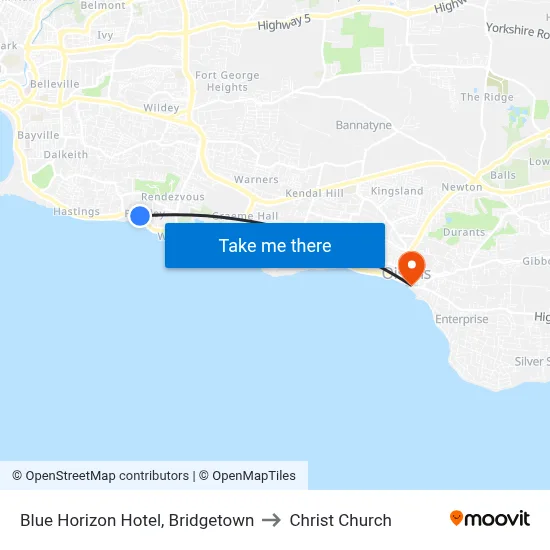 Blue Horizon Hotel, Bridgetown to Christ Church map