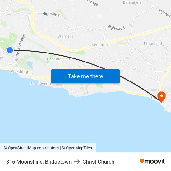 316 Moonshine, Bridgetown to Christ Church map