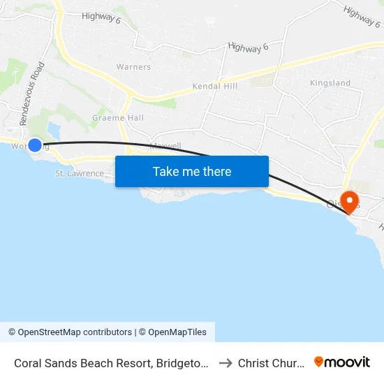 Coral Sands Beach Resort, Bridgetown to Christ Church map