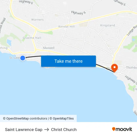 Saint Lawrence Gap to Christ Church map