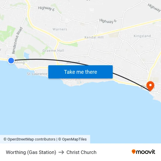 Worthing (Gas Station) to Christ Church map