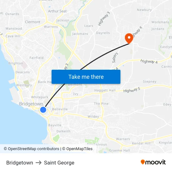 Bridgetown to Saint George map