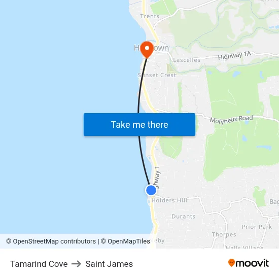 Tamarind Cove to Saint James map