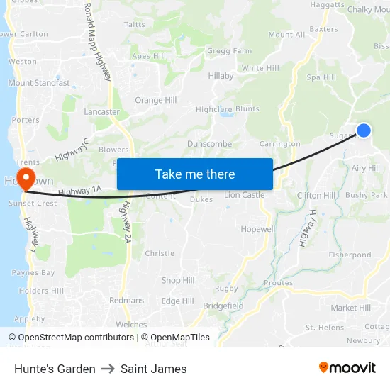 Hunte's Garden to Saint James map