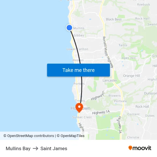 Mullins Bay to Saint James map