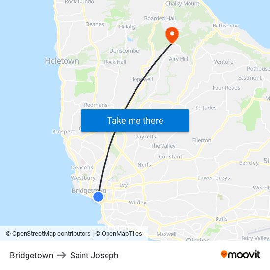 Bridgetown to Saint Joseph map