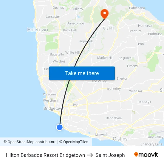 Hilton Barbados Resort Bridgetown to Saint Joseph map