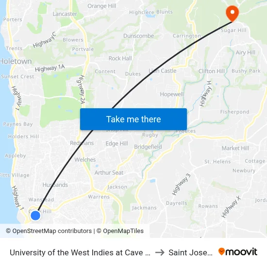 University of the West Indies at Cave Hill to Saint Joseph map