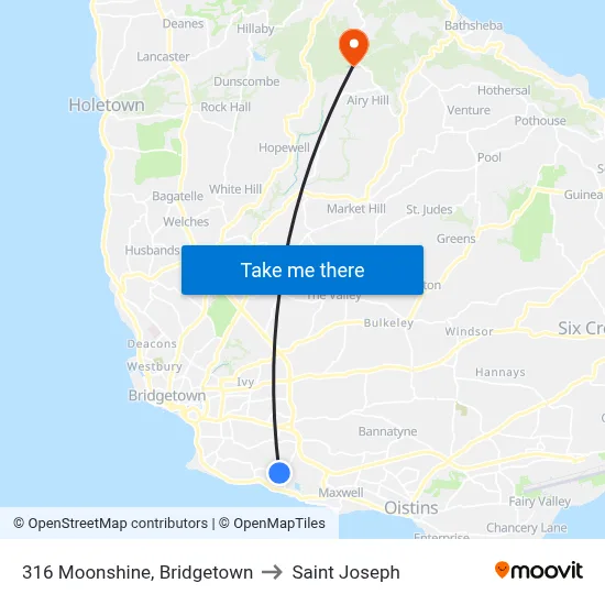 316 Moonshine, Bridgetown to Saint Joseph map