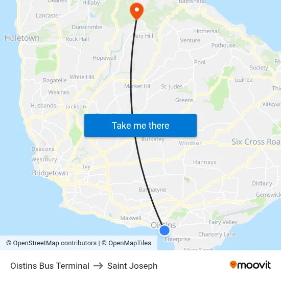 Oistins Bus Terminal to Saint Joseph map