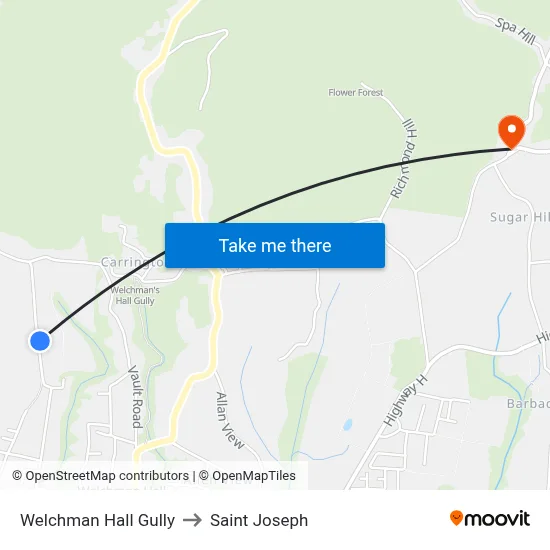Welchman Hall Gully to Saint Joseph map