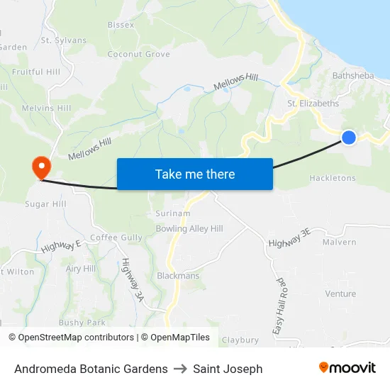 Andromeda Botanic Gardens to Saint Joseph map