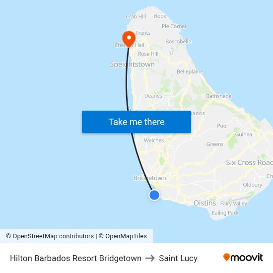 Hilton Barbados Resort Bridgetown to Saint Lucy map