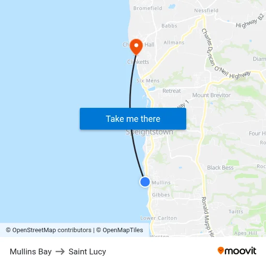 Mullins Bay to Saint Lucy map
