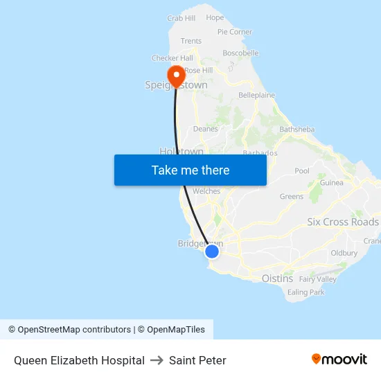 Queen Elizabeth Hospital to Saint Peter map