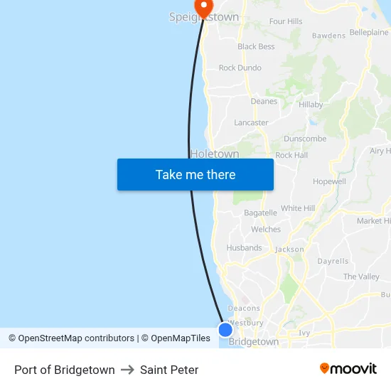 Port of Bridgetown to Saint Peter map