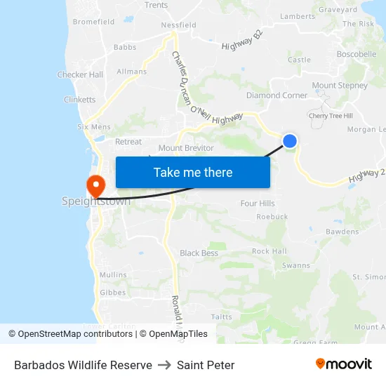 Barbados Wildlife Reserve to Saint Peter map