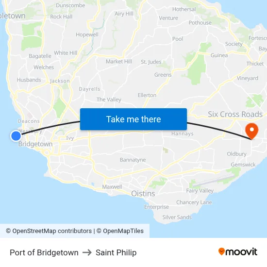 Port of Bridgetown to Saint Philip map