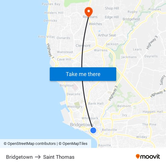 Bridgetown to Saint Thomas map