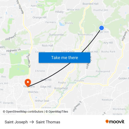 Saint Joseph to Saint Thomas map