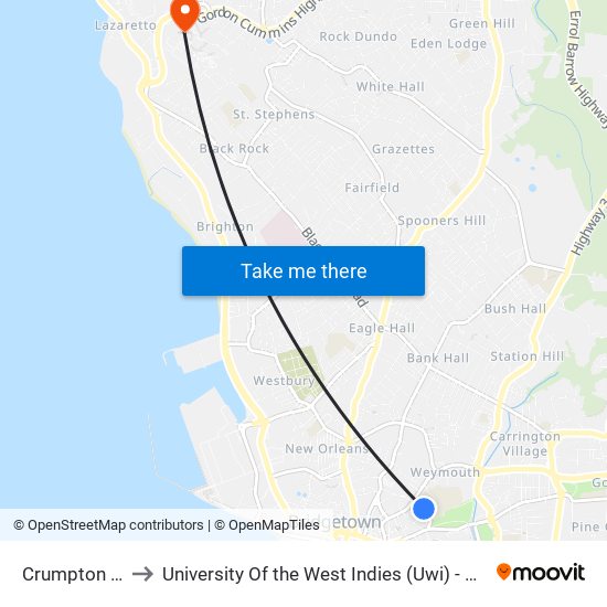 Crumpton Street to University Of the West Indies (Uwi) - Cave Hill Campus map