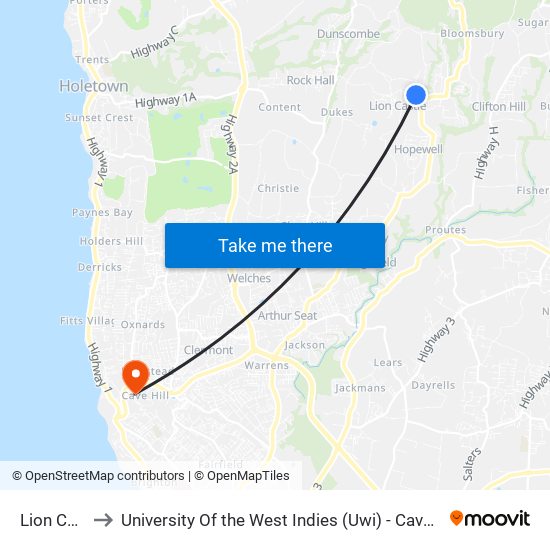 Lion Castle to University Of the West Indies (Uwi) - Cave Hill Campus map