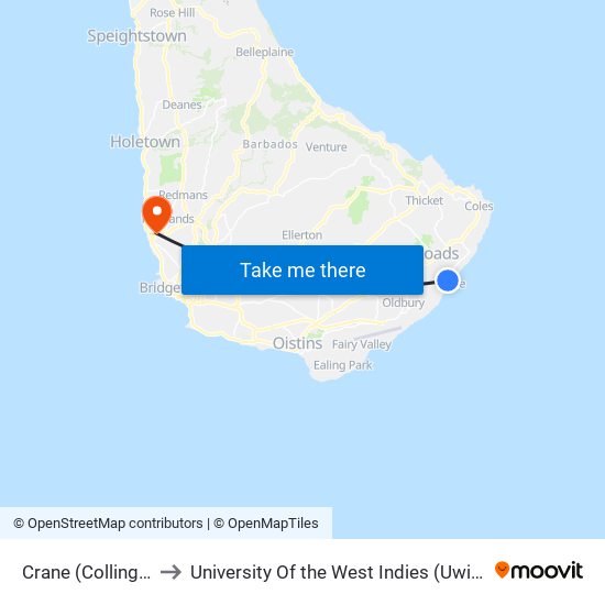 Crane (Collington Drive) to University Of the West Indies (Uwi) - Cave Hill Campus map