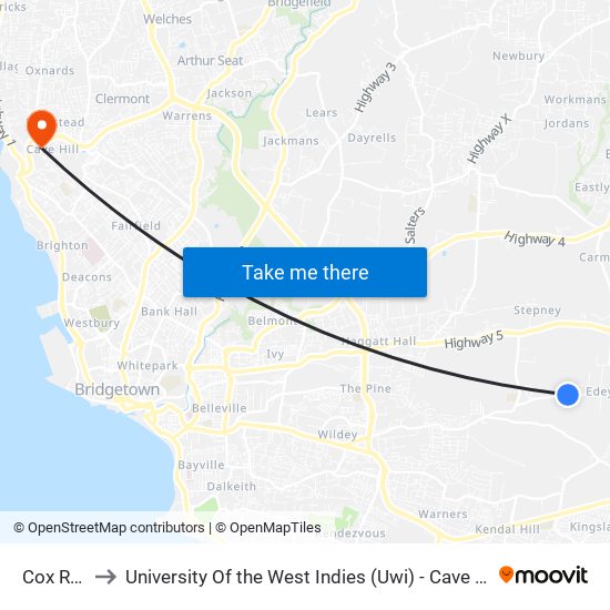 Cox Road to University Of the West Indies (Uwi) - Cave Hill Campus map
