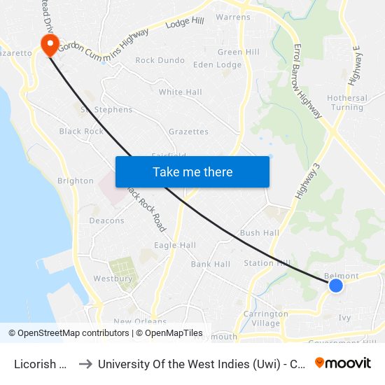 Licorish Village to University Of the West Indies (Uwi) - Cave Hill Campus map