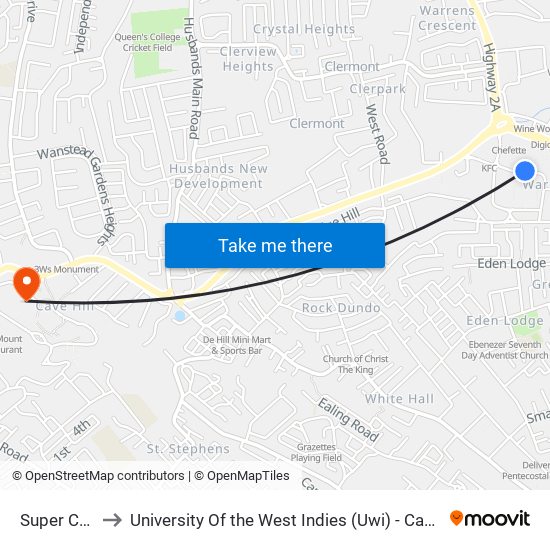 Super Centre to University Of the West Indies (Uwi) - Cave Hill Campus map